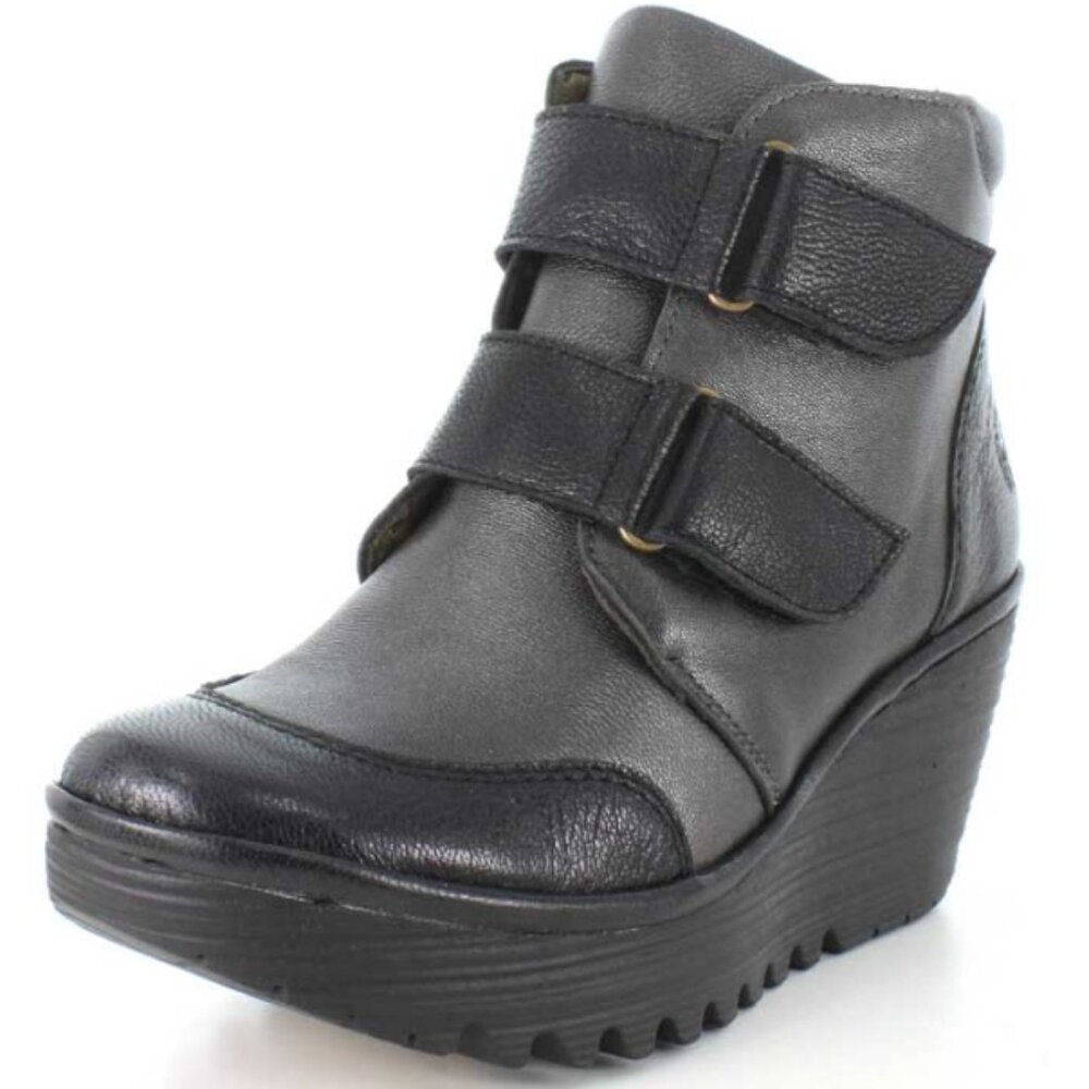 Fly London Black Gray Leather Wedge Ankle Boots